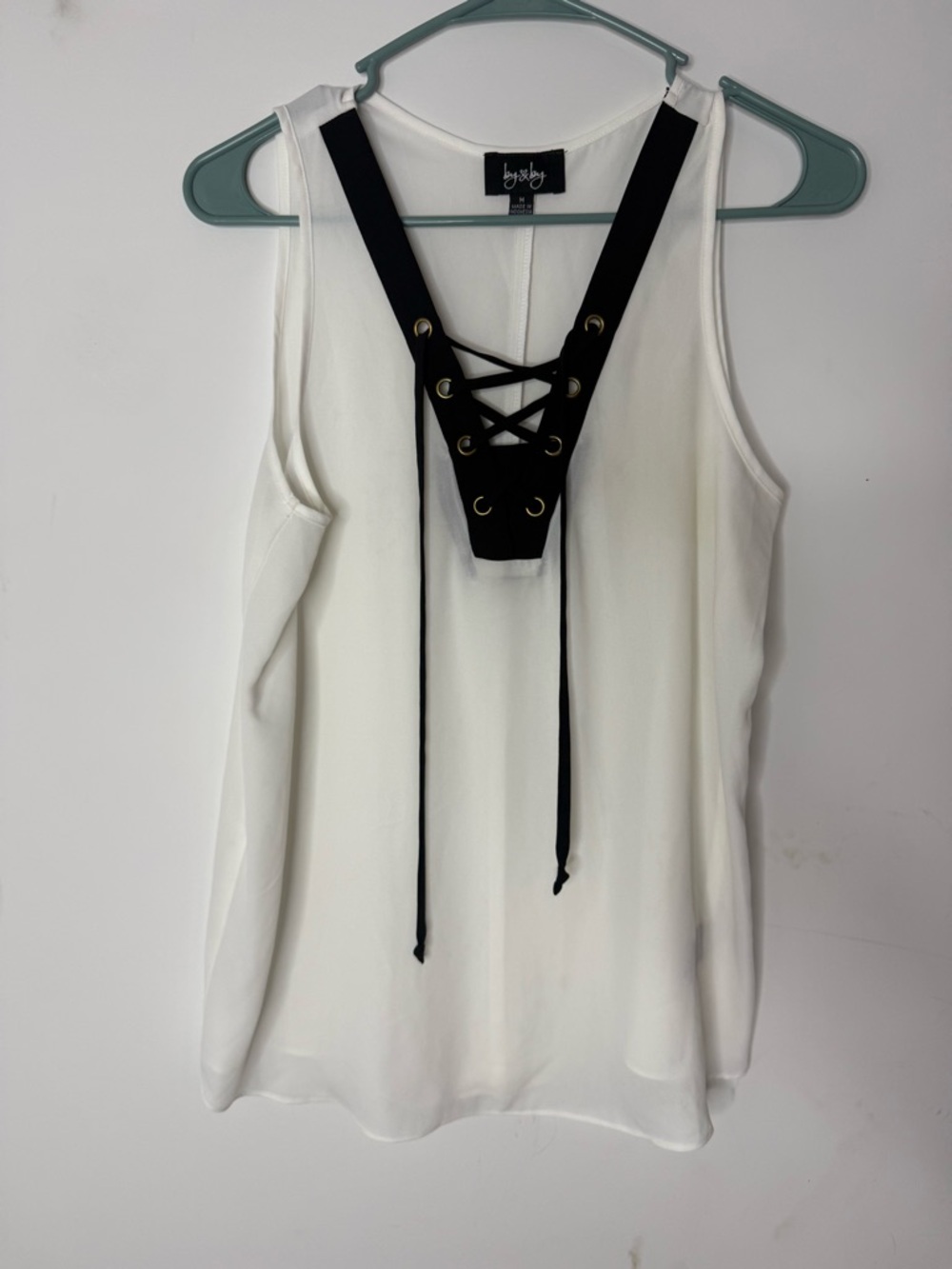 by & by White Tank Top with Black Lace-Up Detail